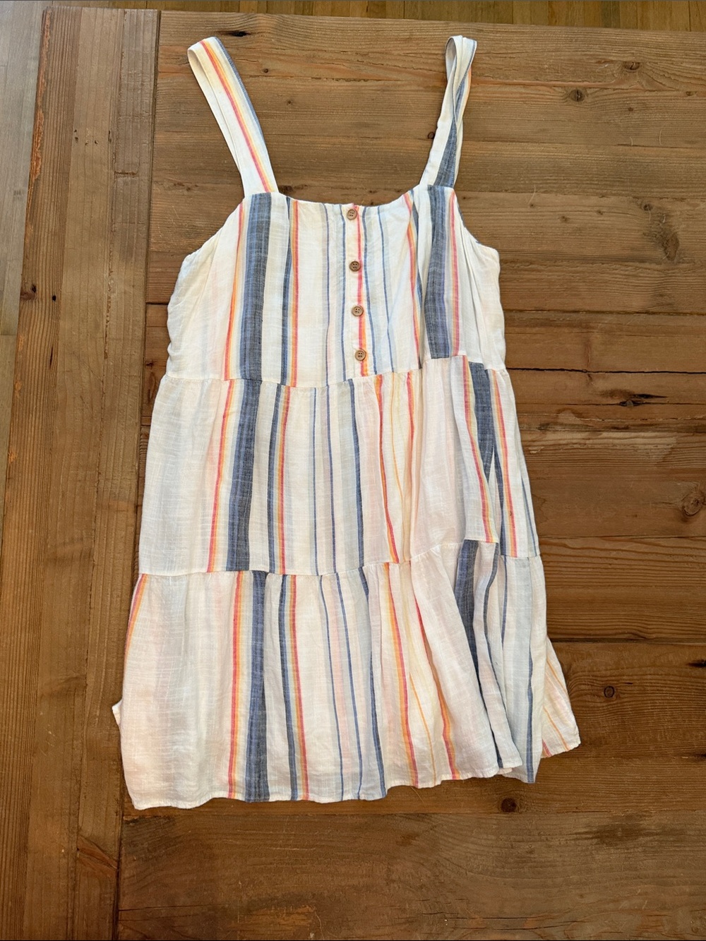 Striped Cotton Tiered Sundress - White with Blue & Orange Stripes